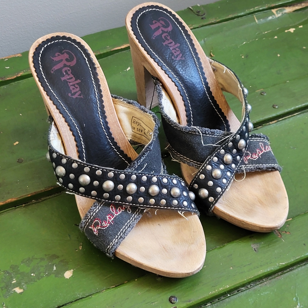 Replay Black and Tan Studded Mules